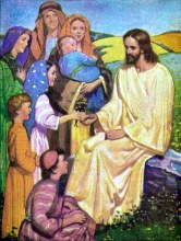 Jesus ministered to the people, and he blessed the little children that were brought to him. Artist is Artist is Ralph Pallen Coleman 1892-1968, United States