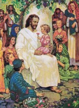 Jesus ministered to the people, and he blessed the little children that were brought to him. Artist is Artist is Ralph Pallen Coleman 1892-1968, United States