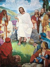 Images of Jesus teaching. He taught the multitudes and he taught his disciples. He talked with people who came to him with questions. And Jesus told them to tell others what they learned. Artist is Ralph Pallen Coleman 1892-1968, United States
